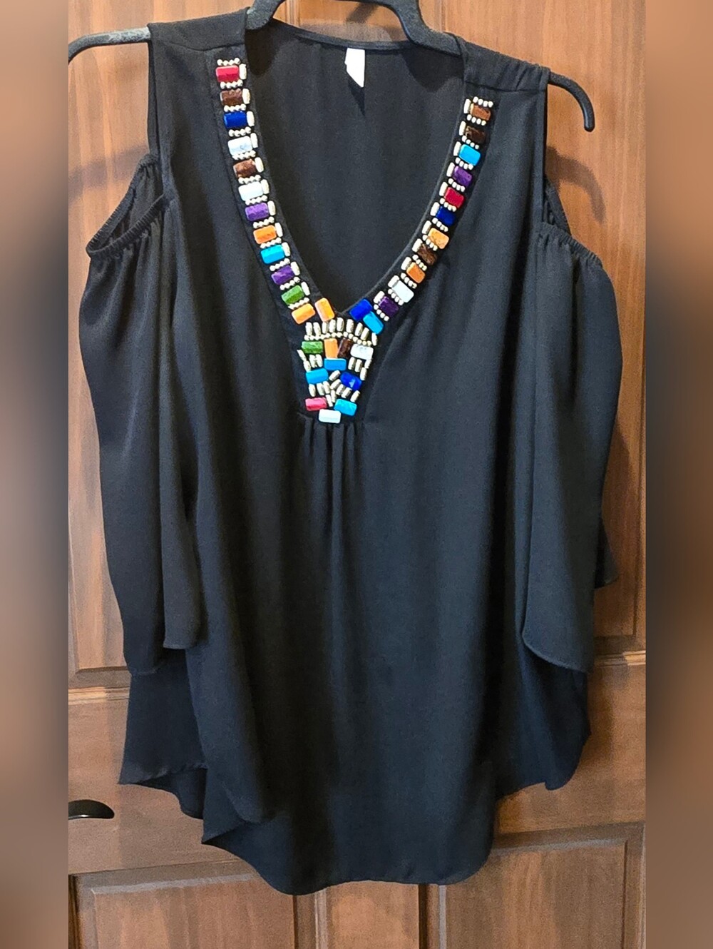 Black Cold-Shoulder V-Neck Top with Multicolor Beaded Trim